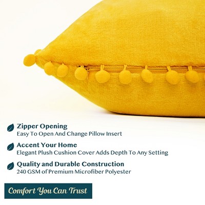 Mustard Yellow Velvet Square Throw Pillow Covers with Pom Pom Fringe, 20'' x 20''