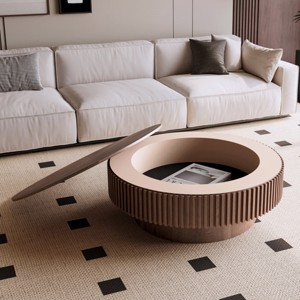 39.4" Modern Round Coffee Table with Hidden Storage, Walnut Wood Fluted Accent Table for Living Room or Bedroom -3irtyhousy - 1 of 4