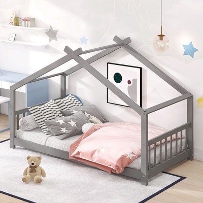 NicBex Twin/Full Size Montessori Toddler Floor Bed with House-Shaped Design for Kids/Boys/Girls,Wood Slats Support,No Box Spring Needed,Easy Assembly