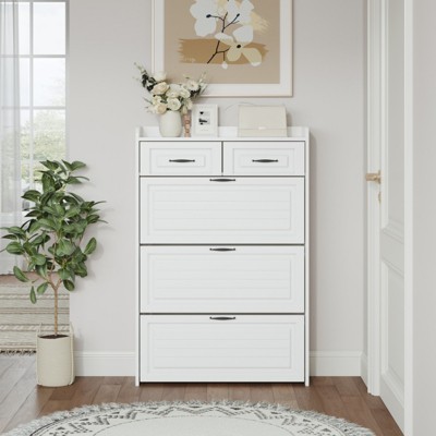SKRAN Shoe Cabinet for Entryway,4 Tier Wood Flip Down Shoe Rack with 3 Doors 2 Drawers, Slim Shoe Storage Cabinet for Hallway