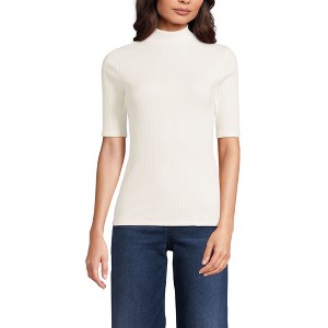 Lands' End Women's Elbow Sleeve Pointelle Rib Mock Neck - 1 of 4