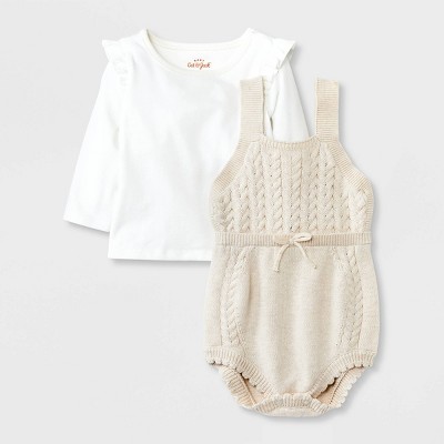 Image of Baby Girls' Cable Sweater Romper Bodysuit Set - Cat & Jack™ Oatmeal 3-6M