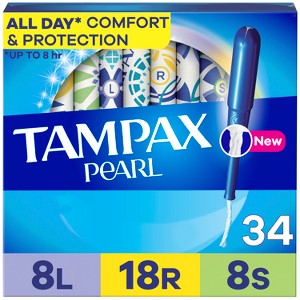 Tampax Pearl Tampons Trio Pack with Plastic Applicator and LeakGuard Braid - Light/Regular/Super Absorbency - Unscented - 1 of 4