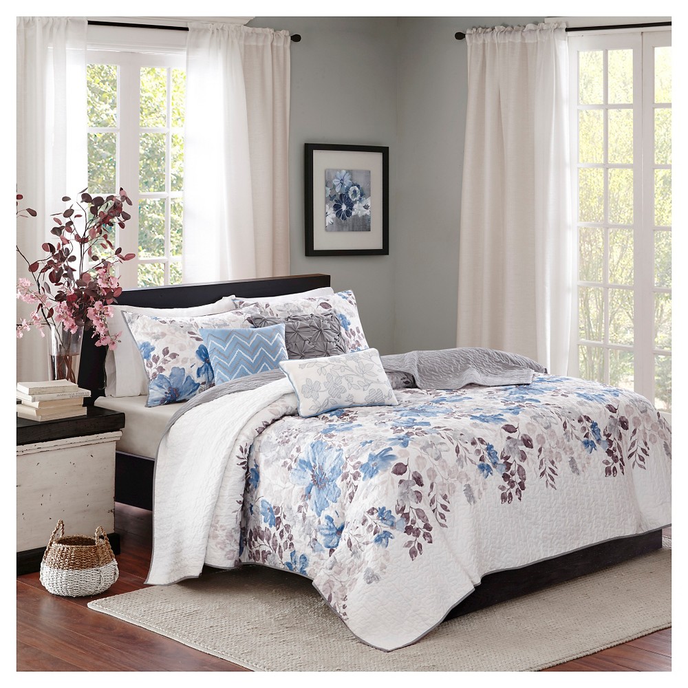 Photos - Duvet Willow Watercolor Floral Quilted Coverlet Set  Blue(King/California King)