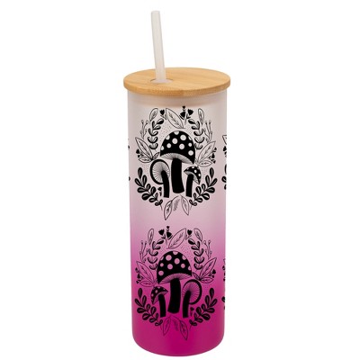 Elanze Designs Woodland Mushroom Flowers Wrap-Around Design 25 Ounce Frosted Gradient Glass On-The-Go Coffee Travel Skinny Tumbler Mug Cup, Bamboo Lid