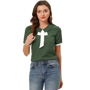 Allegra K Women's Polka Dots Flat Collar Contrast Tie Neck Short Sleeve Blouses - 1 of 4