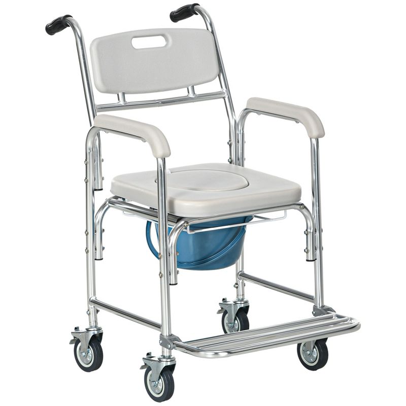 HOMCOM Personal Mobility Durable Waterproof Shower Accessible Transport Commode Medical Rolling Chair, Gray, 4 of 7