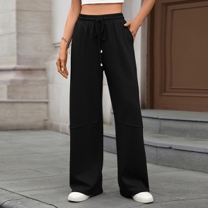 Womens Casual Pants Elastic Waist Drawstring Pocket Wide Leg Casual Pants - 1 of 4