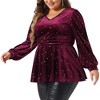 Agnes Orinda Women's Plus Size Elegant Shiny Gilding Metallic Stars Peplum V Neck Long Sleeve Velvet Blouse - 2 of 4