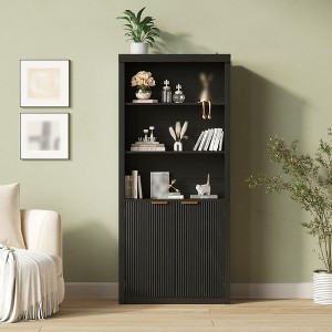 71" Tall Bookcase with Cabinet, 5 Tier Wood Bookshelf with Adjustable Shelves, Large Display Storage Shelf for Home Office Living Room - 1 of 4