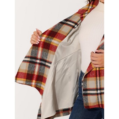 Allegra K Women's Shawl Collar Asymmetric Hem Thin Belted Plaids Wrap Coat X-Small Red Brown — фото 5