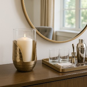 Modern Glass Pillar Hurrican Candle Holder with Metal Base - Decorative Home Decor for Living Room, Tables, Entryway, or Console Accent - Gold - 1 of 4