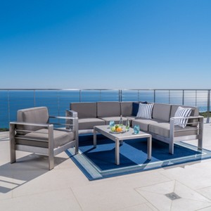 Christopher Knight Home Cape Coral Outdoor Aluminum 6 Seater Sectional Sofa and Club Chair Chat Set - 1 of 4
