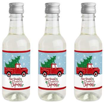Big Dot of Happiness Merry Little Christmas Tree - Mini Wine and Champagne Bottle Label Stickers - Red Truck Christmas Party Favor Gift - Set of 16