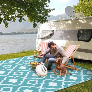 Outdoor Patio Rug, Large Waterproof Plastic Straw Mat, Lightweight Geometric Reversible Carpet for Beach Deck Backyard Balcony Camping RV - 1 of 4