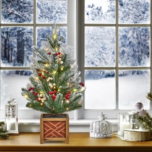 24" Mini Pre-Lit Christmas Tree,Battery Operated LED Lights,Bow Balls Red Berries Pine Cones, Artificial Table Top Decor for Home, Holiday DIY - 1 of 4