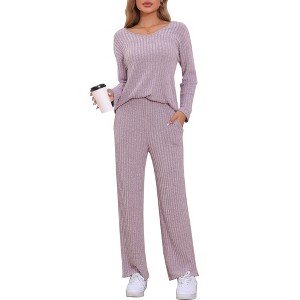 cheibear Women's Ribbed Knit V Neck Long Sleeve with Pants Casual Pajamas Sets - 1 of 4