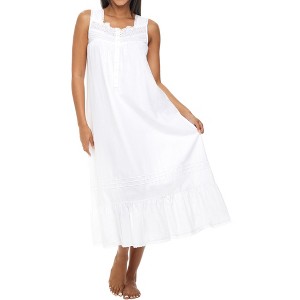 ADR Women's Cotton Nightgown, Sleeveless Lace Trimmed Button Up Long Vintage Night Dress Gown - 1 of 4