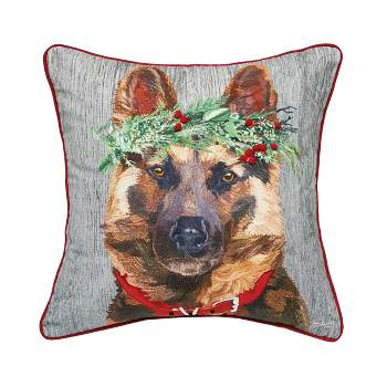 C&F Home 18" x 18" German Shepard Dog Wearing a Red Holly Flower Crown Printed & Embellished Throw Accent Decor Pillow