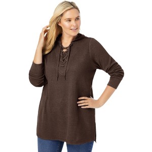 Woman Within Plus Size Waffle-Thermal Lace-Up Hoodie - 1 of 4