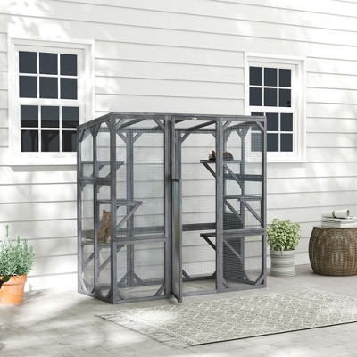 Gray Wooden Outdoor Cat Enclosure with Jumping Platforms