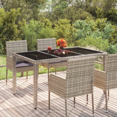vidaXL Patio Table with Glass Top Gray 59.1 in.x35.4 in.x29.5 in. Poly Rattan