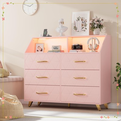 Bedroom Dresser with LED Lights & Charging Station, Wood 6 Drawer Dresser for Bedroom