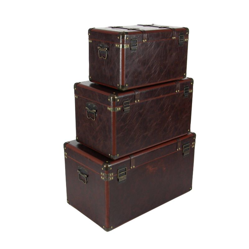 Set of 3 Traditional Faux Leather and Wood Storage Trunks Brown - Olivia &#38; May, 4 of 22