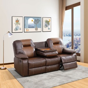 MAYEERTY Reclining Sofa, 3-Seat Breathable Leather Recliner with Reversible Coffee Table for Living Room, Brown - 1 of 4