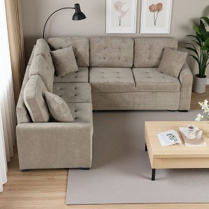 82.6" Velvet L-Shaped Convertible Sectional Sofa Bed with Wheels - 1 of 4