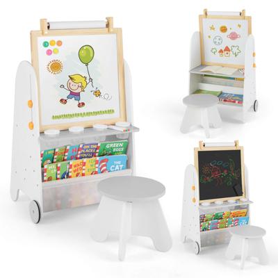 COSTWAY 4-in-1 Kinder Schildersezel Met Stoel – Verstelbaar Whiteboard, Telescoop & Ringwerpspel Voor Kinderen 1-8 Jaar