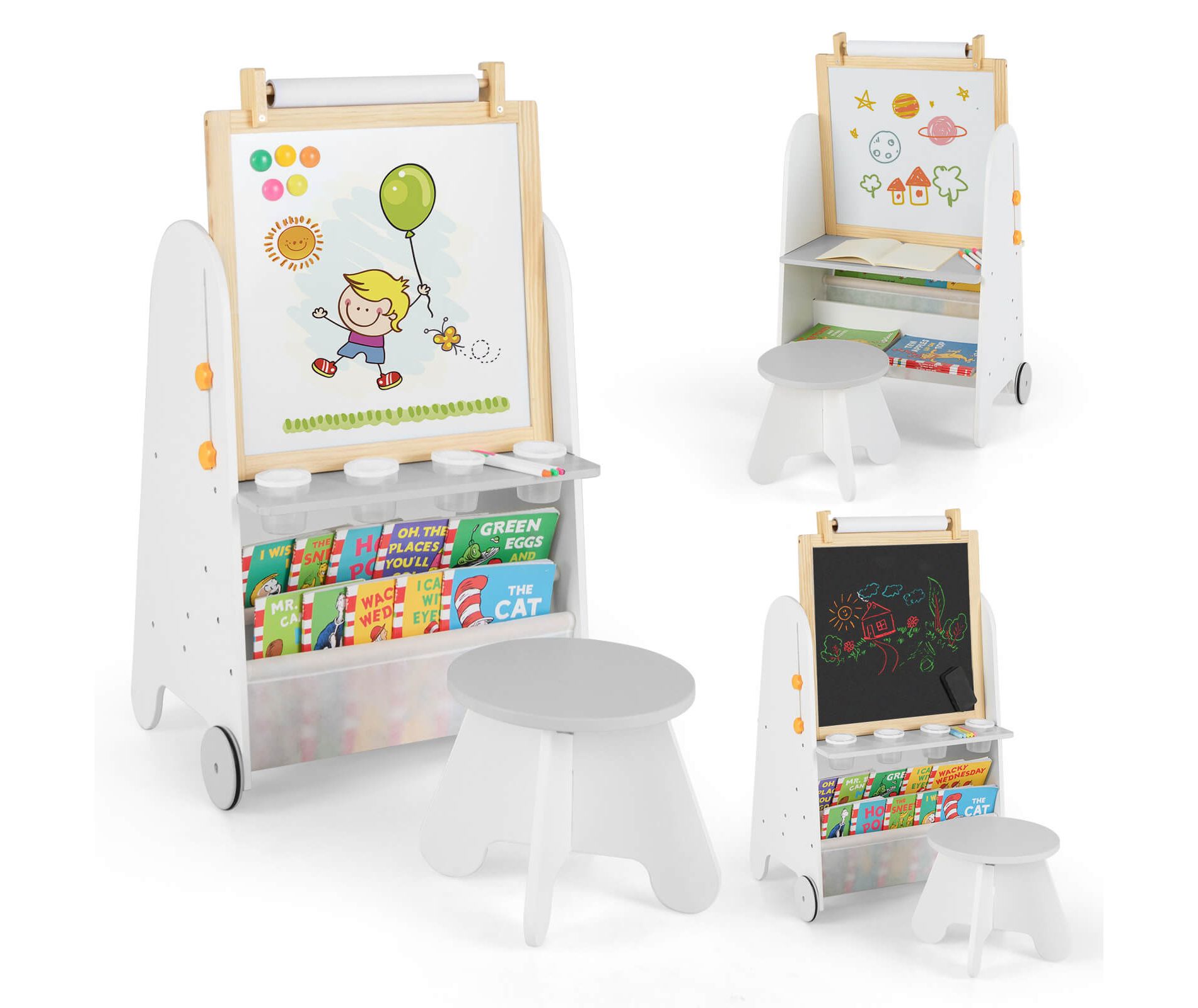 Costway 4-in-1 Kids Art Easel with Stool with Magnetic Whiteboard Chalkboard & Paper Roll Gray/Natural