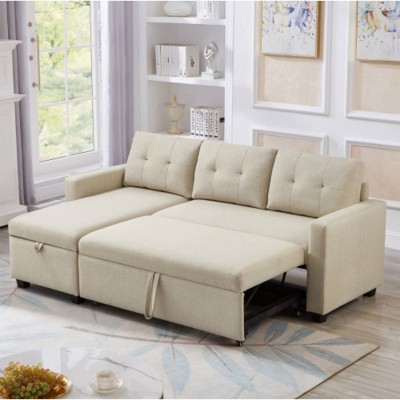 Upholstered Pull Out Sectional Sofa with Storage Chaise, Convertible Corner Couch, Dark Grey