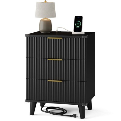 Gikpal Fluted Night Stands for Bedroom, Modern Bedside Table with 3 Drawers & Charging Station, Fluted Panel End Tables for Bedroom & Living Room
