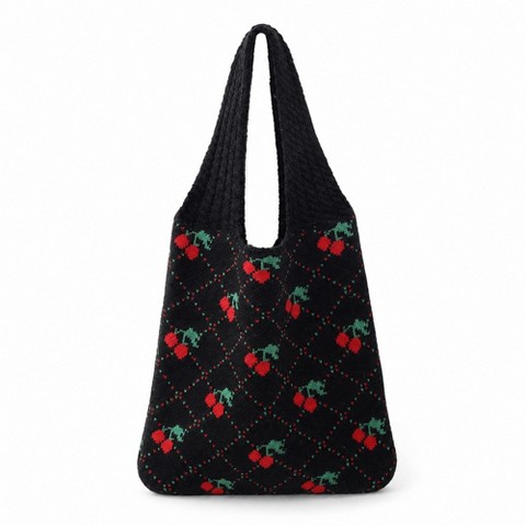 Alilang Women's Cherry Knit Tote Bag Crochet Shoulder Purse Large Summer Beach Carryall - Black