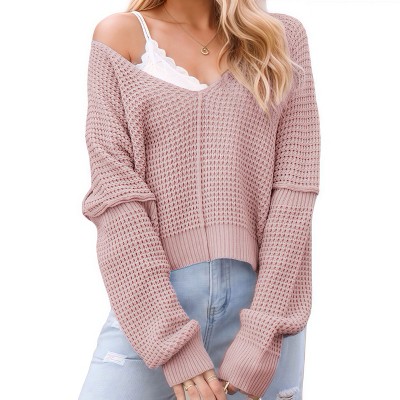Women's V-Neck Cold Shoulder Sweater Soft Knit Winter Top Cozy Spliced Design Skin Friendly Fall Fashion