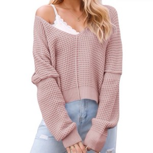 Women's V-Neck Cold Shoulder Sweater Soft Knit Winter Top Cozy Spliced Design Skin Friendly Fall Fashion - 1 of 4