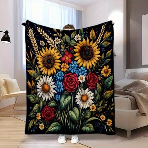 Lomsoe Christmas Sunflower Bouquet Print Flannel Blanket - All Seasons Soft and Warm Throw Blanket for Bed, Napping, Camping, Travel, Office - 1 of 4