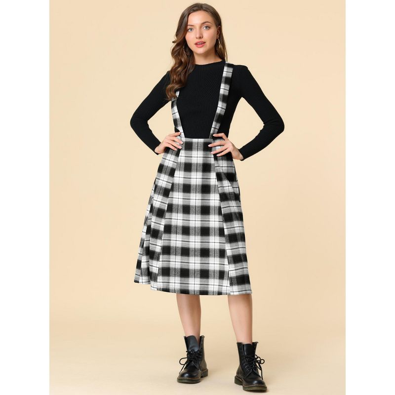 Allegra K Women's Vintage Plaid A-Line Tartan Suspender Midi Skirt, 4 of 7