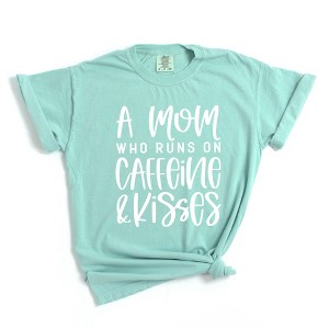 Simply Sage Market Women's A Mom Who Runs On Caffeine And Kisses Short Sleeve Garment Dyed Tee - 1 of 2