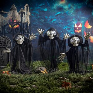 Morris Costumes 2 ft Light-Up Eyes Yard Stakes Decorations Set of 3 Grinning Skeleton Reapers - Black - 1 of 2