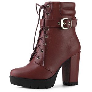 Allegra K Women's Platform Solid Buckle Lace Up Block Heel Ankle Boot - 1 of 4