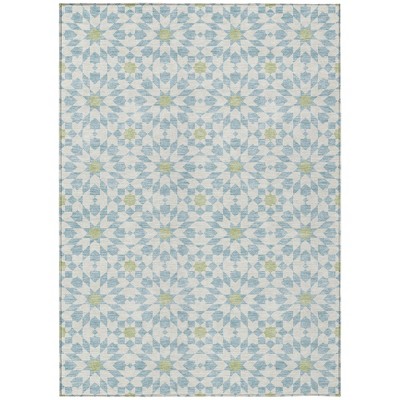 Sky Blue Ivory And Artichoke Green Floral Medallion Washable Indoor Outdoor Area Rug