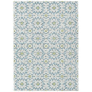 Sky Blue Ivory And Artichoke Green Floral Medallion Washable Indoor Outdoor Area Rug - 1 of 4