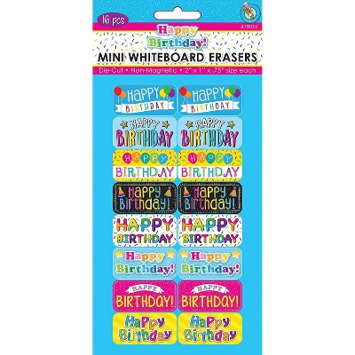 Ashley Productions Mini Whiteboard Erasers Happy Birthday 2" x 1" x 0.75" Pack of 16 (ASH78016)