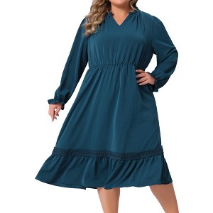 Agnes Orinda Women's Plus Size Flowy Tiered Layered V Neck Ruffle Long Sleeve Casual A Line Midi Dress with Pocket - 1 of 4