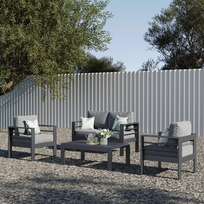 LayinSun Outdoor Aluminum Furniture Set, 4 Pieces Patio Sectional Conversation Chat Sofa Modern Seating Set with Coffee Table