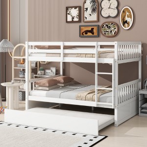 TIRAMISUBEST Full Over Full Size Bunk Bed with Twin Size Trundle, Rubber Wood Bunk Bedframe with Ladder & Guardrails, Convertible to 2 Full Size Beds - 1 of 4