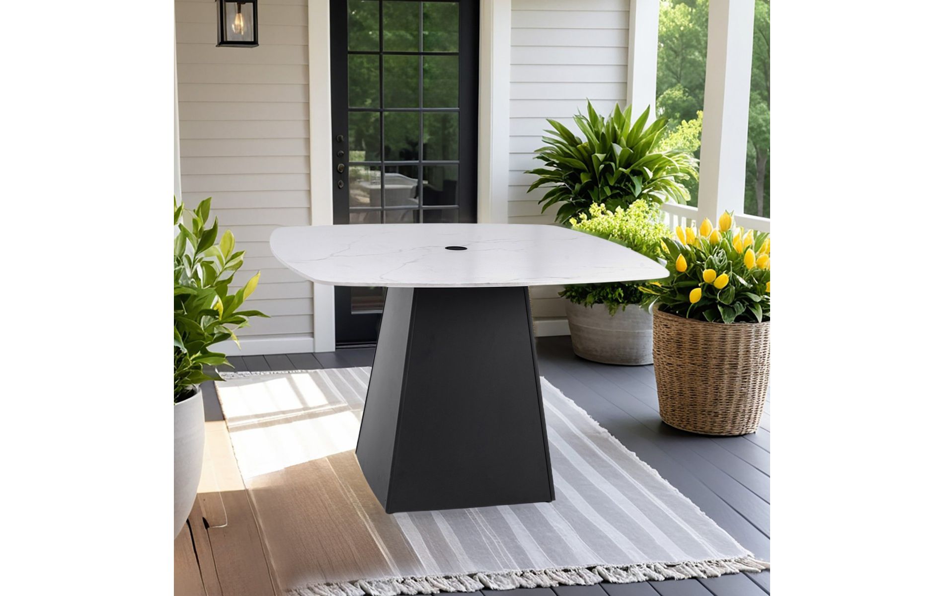 44" Outdoor Patio Dining Table, Rounded Square White Sintered Stone Top with Aluminum Pedestal Base in Ember Black for Backyard or Deck-Panipeachy