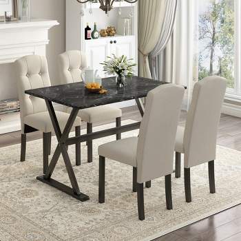 5 PCS Wood Dining Table Set with Faux Marble Tabletop and Upholstered Dining Chairs-ModernLuxe